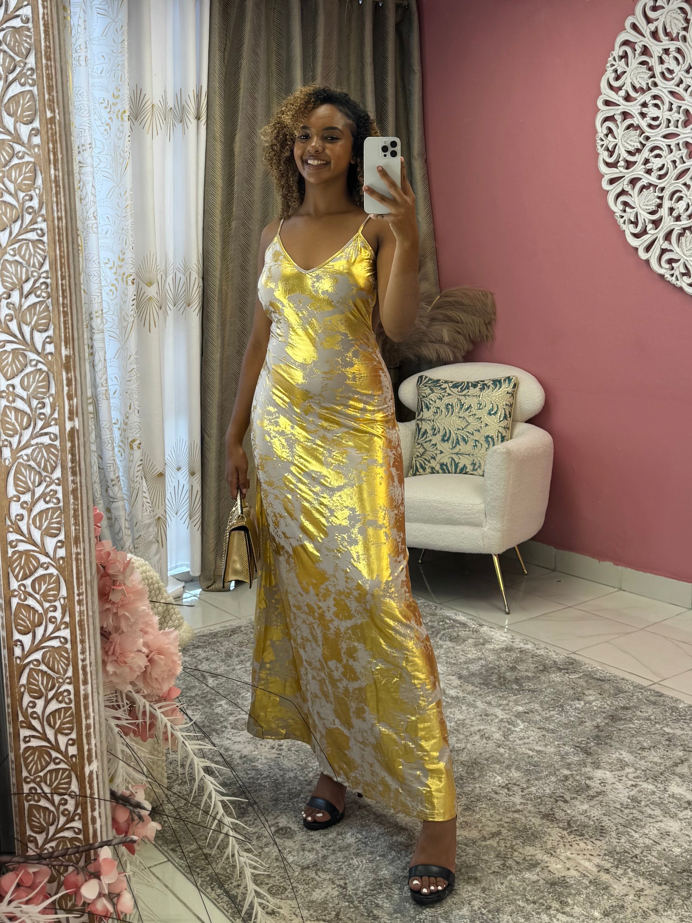 Robe longue imprimée doré